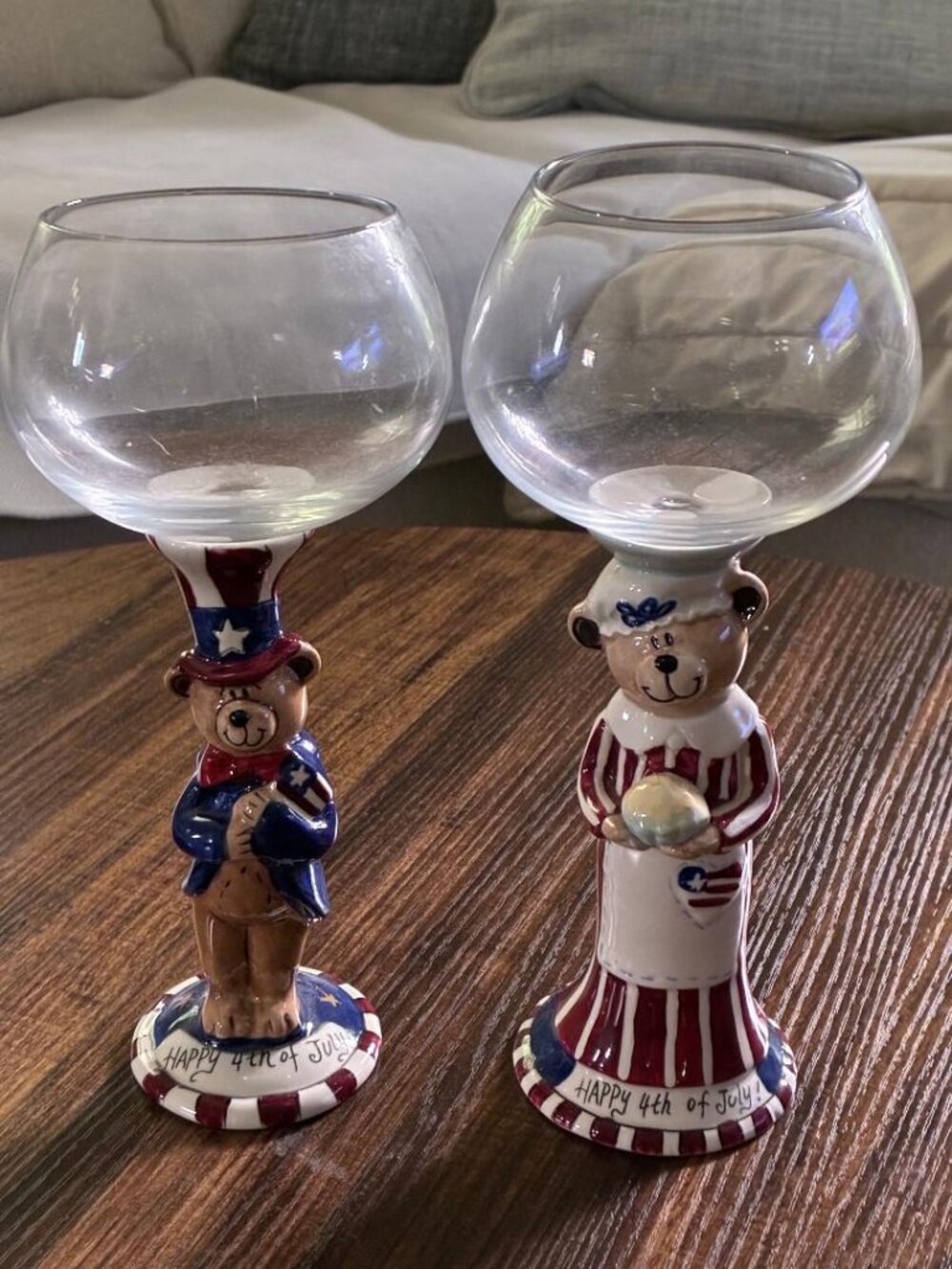 2009 BLUE SKY Heather Goldminc Patriotic 4th Of July Bears Wine Glasses Goblets